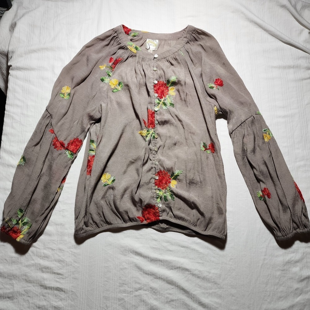 Fig & Flower Top: Floral Long Sleeve Round Neck Button Down